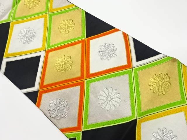 JAPANESE KIMONO / VINTAGE FUKURO OBI / WOVEN KIKU & RHOMBUS